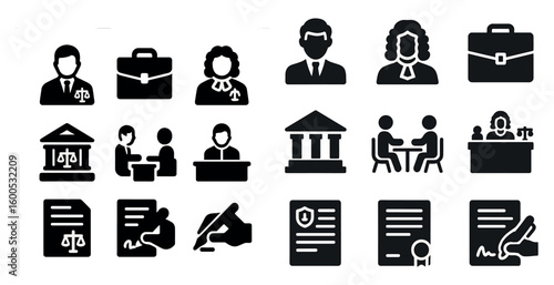 Legal and justice icons set – solid, filled, courtroom and lawyer symbols