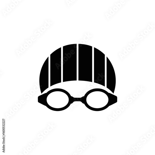Black glyph icon of swimming cap and goggles for water sports activities.