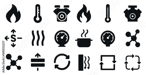 Temperature and cooking solid icons set – filled, heat, culinary symbols collection