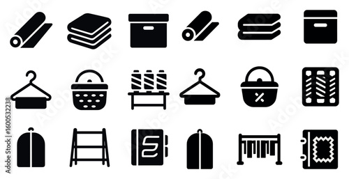 Laundry and organization solid icons set – filled, neat and tidy symbols