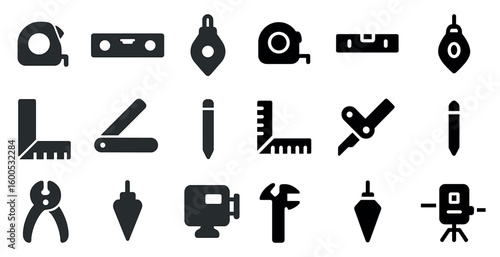 Construction and tools silhouette icons set – solid, filled, building essentials symbols