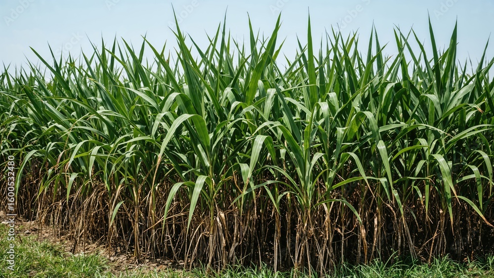 Fototapeta premium Sugarcane field with dense green foliage and exposed roots under blue sky on a sunny day in agricultural landscape