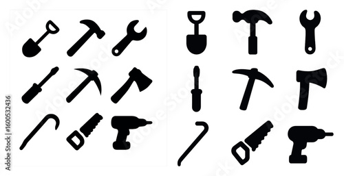 Construction tools silhouette icons set – solid, filled, building, and handyman symbols