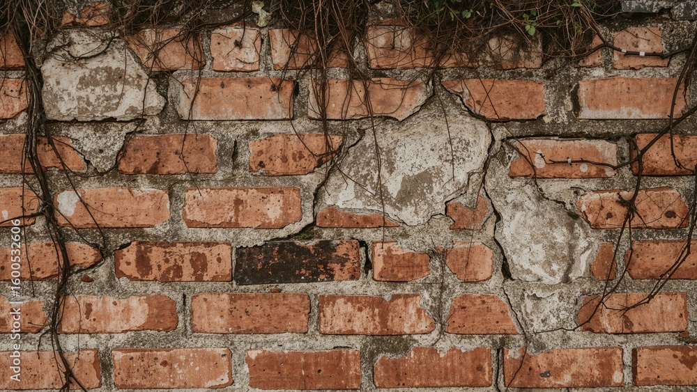 Close-up view of an aged brick wall featuring erosion, dried roots, moss, and visible weathered textures revealing the effects of time on surfaces Close-up view of an aged brick wall featuring erosion, dried roots, moss, and visible weathered textures revealing the effects of time on surfaces