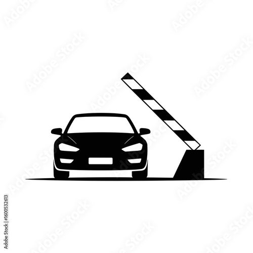 Car at an open security barrier gate, a vector icon for vehicle entry access.