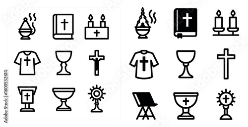 Christianity outline icons set – sacred, religious, worship symbols