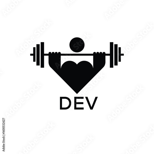 Minimalist DEV Logo with Dumbbell and Strong Arm Silhouette - Fitness Icon Design. DEV Letter Logo.
