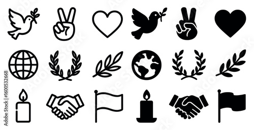 Peace and harmony icons set – outline, linear, tranquility and unity symbols