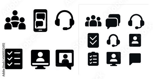 Communication and support solid icons set – flat, filled, chat and customer service symbols