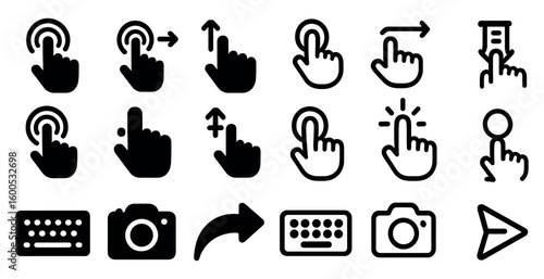 User interface solid icons set – silhouette, gesture control, navigation symbols