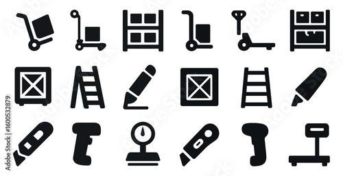 Warehouse and logistics solid icons set – packed, filled, supply chain symbols