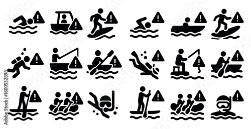 Water sports silhouette icons set – adventure, filled, aquatic activities symbols