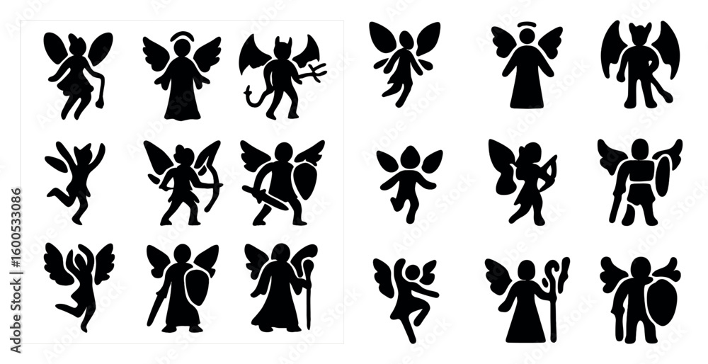 Fototapeta premium Fantasy creatures silhouette icons set – solid, mythical, magical symbols for design