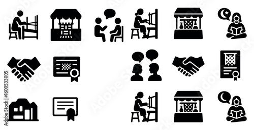 Small business silhouette icons set – solid, entrepreneurship, online marketplace symbols