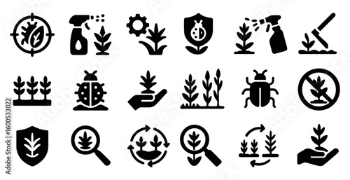 Pest control silhouette icons set – agriculture, garden, bug management symbols