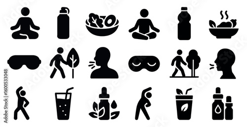 Health and wellness solid icons set – packed, filled, fitness and nutrition symbols