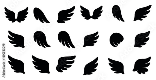 Wing silhouette icons set - solid, filled, angel and bird symbol designs