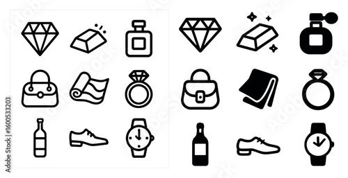 Jewelry and luxury silhouette icons set – stylish, designer, accessory symbols