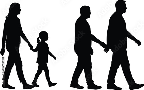 Silhouette of multigenerational family walking together, parenting bond, unity, outdoor stroll, love, connection, generational support, vector illustration