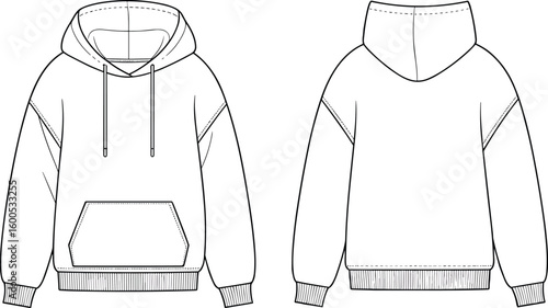 CAD drawing flat vector illustration of hoodie design, stylish garment layout, ribbed cuffs, front pocket, scoop hood, front back views