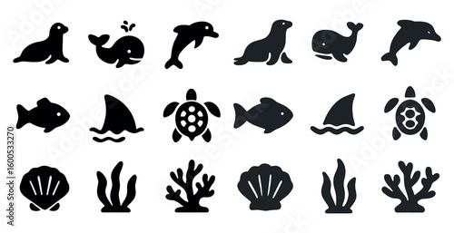 Marine life silhouette icons set – filled, ocean, sea-creatures collection