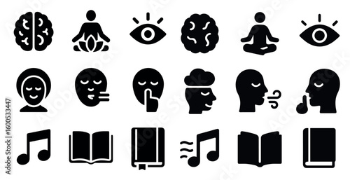 Meditation and mindfulness icons set – solid, filled, relaxation and wellness symbols