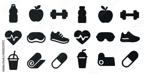 Fitness and health icons set in silhouette style – solid, exercise, wellness symbols
