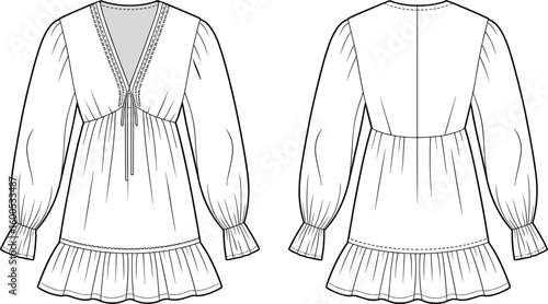 CAD drawing flat vector illustration of long sleeve blouse, ruffle hem, scoop neckline, stylish garment layout, fashion sketch design views