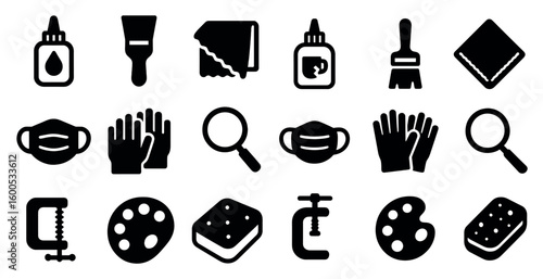 Home improvement solid icons set – diy, repair, renovation tools in flat style