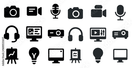 Multimedia and tech solid icons set – flat, filled, media and gadget symbols
