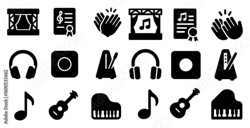 Music and performance solid icons set – filled, concert, musical notes collection