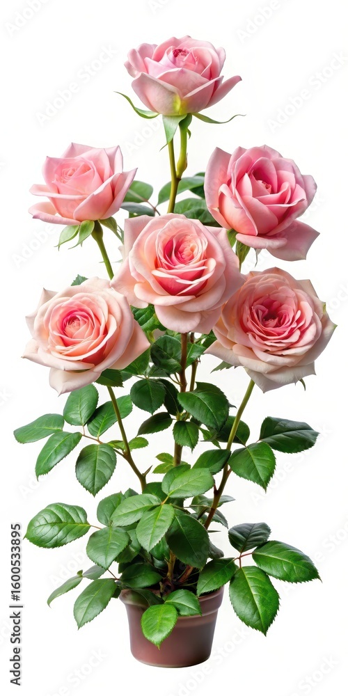 Naklejka premium A elegant rose bush with a few blooms against a soft white background