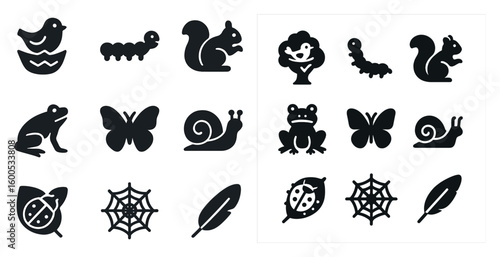 Nature and wildlife solid icons set – outline, silhouette, animal and insect symbols