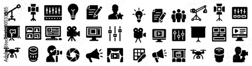 Video production solid icons set – silhouette, editing, film and media tools