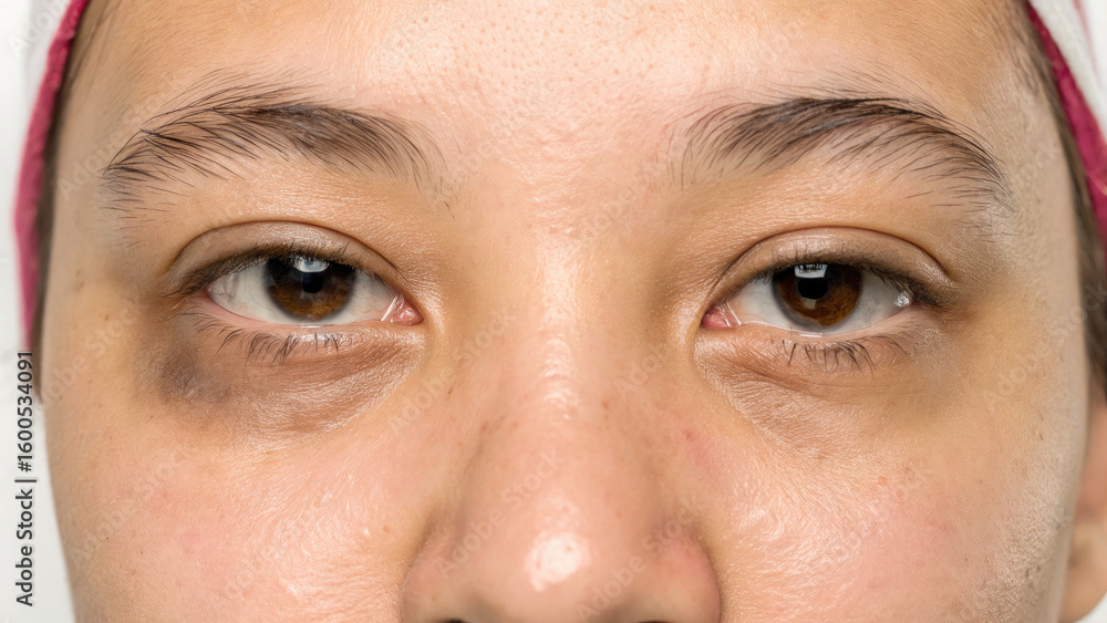 Obraz premium Close-up of eye bag on young woman face concept. Close-up of a person with tired eyes and visible dark circles.