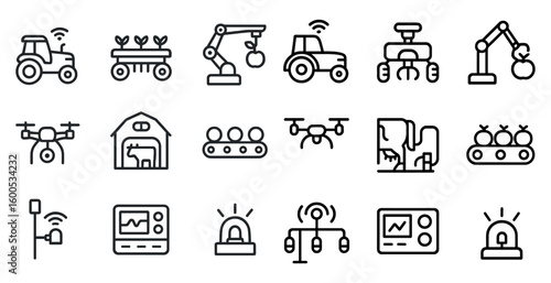 Smart agriculture line icons set – farming, technology, automated system graphics