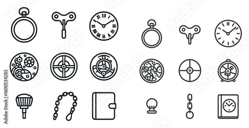 Vintage and retro clock outline icons set – linear, timepieces, watch symbols