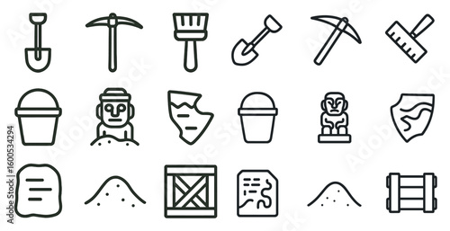 Archaeology linear icons set – outline, excavation and ancient exploration symbols
