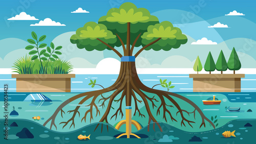 Mangrove Tree Roots Filtering Pollutants from Water—Natural Ecosystem Filtration, Coastal Conservation EPS Vector"

