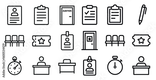 Office and administration outline icons set – linear, workplace, and business symbols