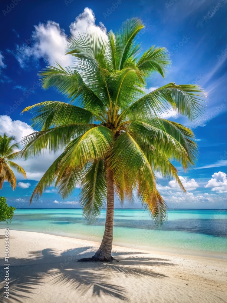 Obraz premium A majestic palm tree stands tall on a sandy white beach with crystal clear turquoise waters in the background surrounded by lush greenery
