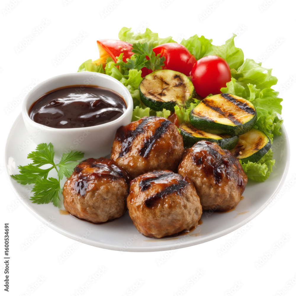 Delicious meatballs served with grilled vegetables and tangy sauce, perfect for hearty meal. Enjoy vibrant colors and fresh ingredients on this appetizing plate Delicious meatballs served with grilled vegetables and tangy sauce, perfect for hearty meal. Enjoy vibrant colors and fresh ingredients on this appetizing plate