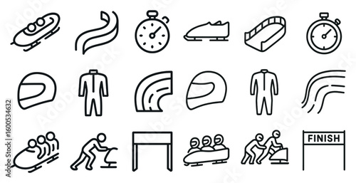 Winter sports outline icons set – flat, line, bobsleigh and skiing symbols