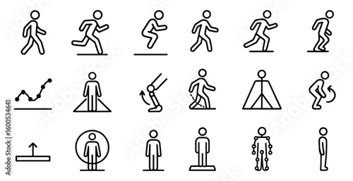 Fitness exercise outline icons set – workout, training, health symbols collection