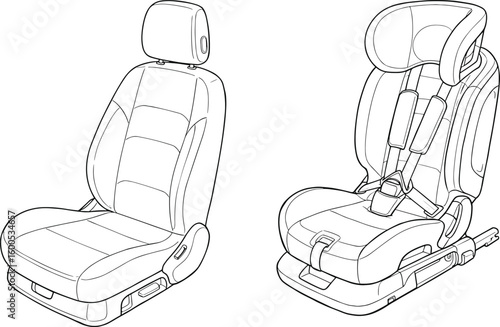 Car seat, child car seat, automotive interior, safety features, ergonomic design, vector illustration, transportation essentials, adjustable seating, line drawing, comfort, protection