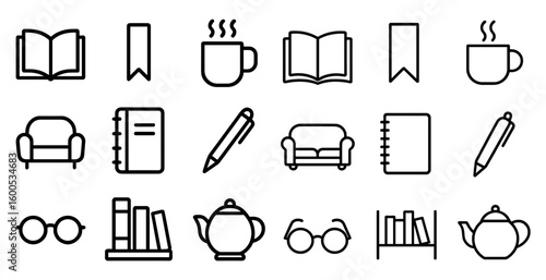 Home and study outline icons set – linear, minimal, reading and writing essentials