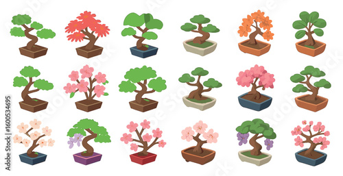 Bonsai and blossom icons set – isometric, flat, miniature trees and nature symbols