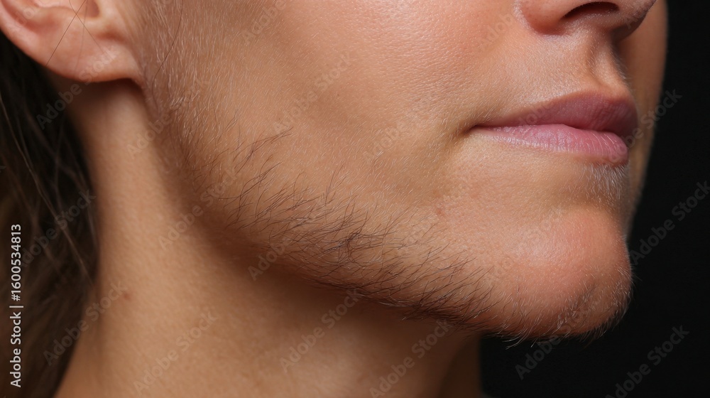 Obraz premium Side view of womans jawline with visibly dark hairs sprouting swiftly demonstrating cosmetic challenges of hirsutism.