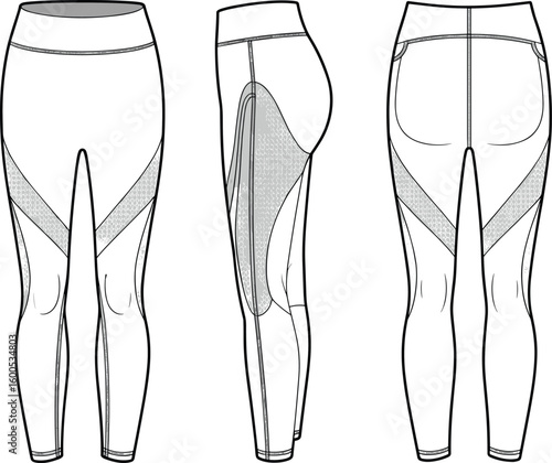 CAD drawing flat vector illustration of stylish women’s leggings, mesh panel detail, fashion garment layout, front side back sketch views