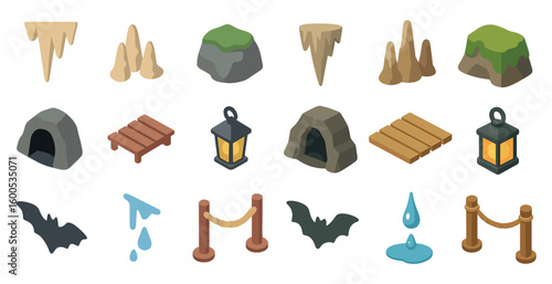 Cave and nature elements icons set in isometric style – landscape, environment designs